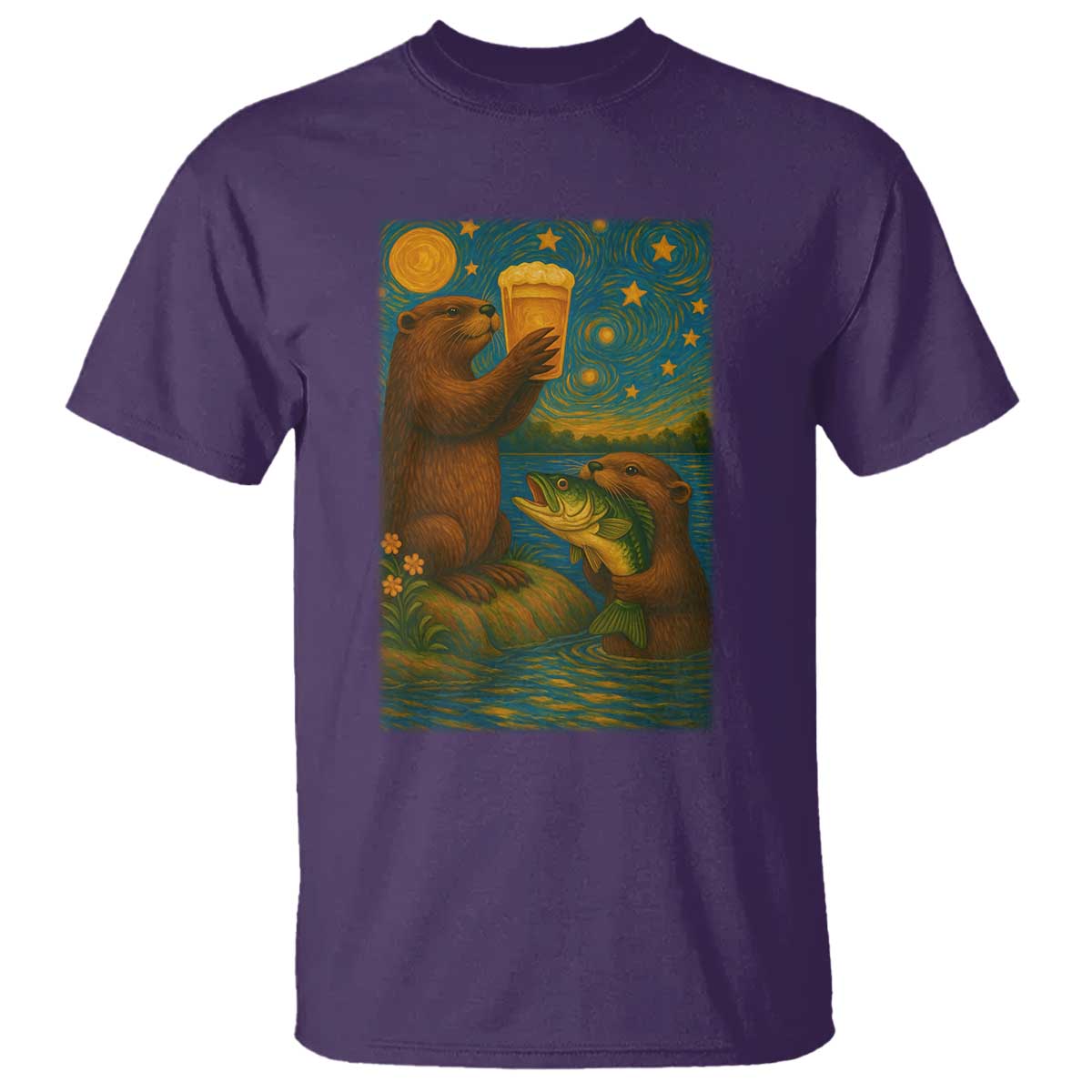 Funny Otter Drinking Beer T Shirt Van Gogh Starry Night - Wonder Print Shop