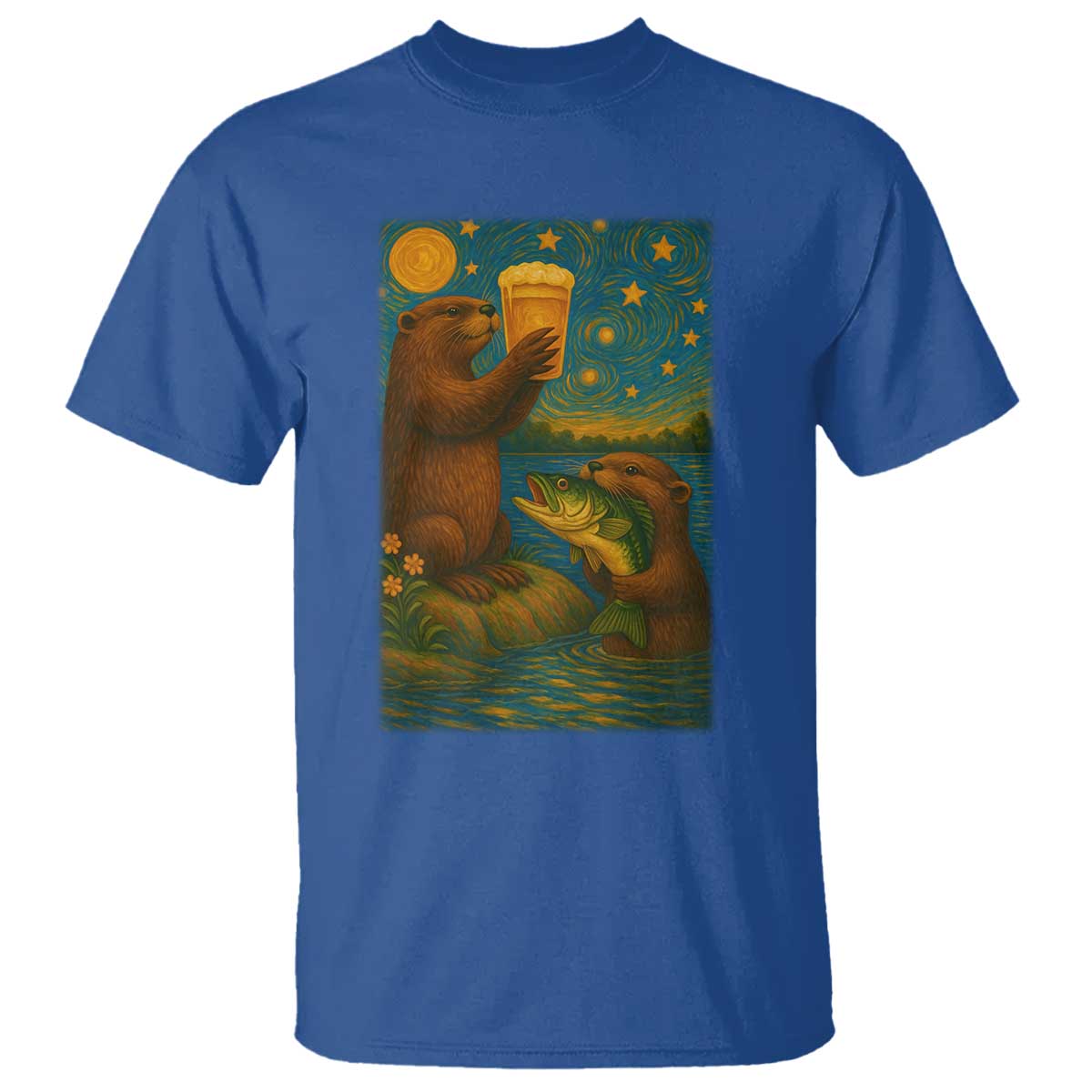 Funny Otter Drinking Beer T Shirt Van Gogh Starry Night - Wonder Print Shop