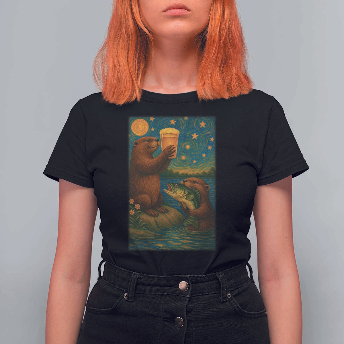 Funny Otter Drinking Beer T Shirt For Women Van Gogh Starry Night - Wonder Print Shop