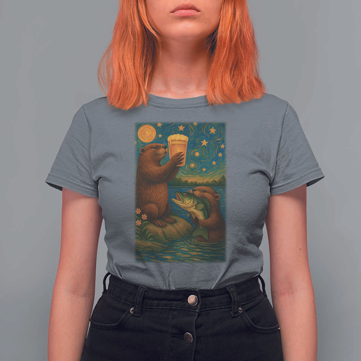 Funny Otter Drinking Beer T Shirt For Women Van Gogh Starry Night - Wonder Print Shop