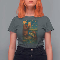 Funny Otter Drinking Beer T Shirt For Women Van Gogh Starry Night - Wonder Print Shop