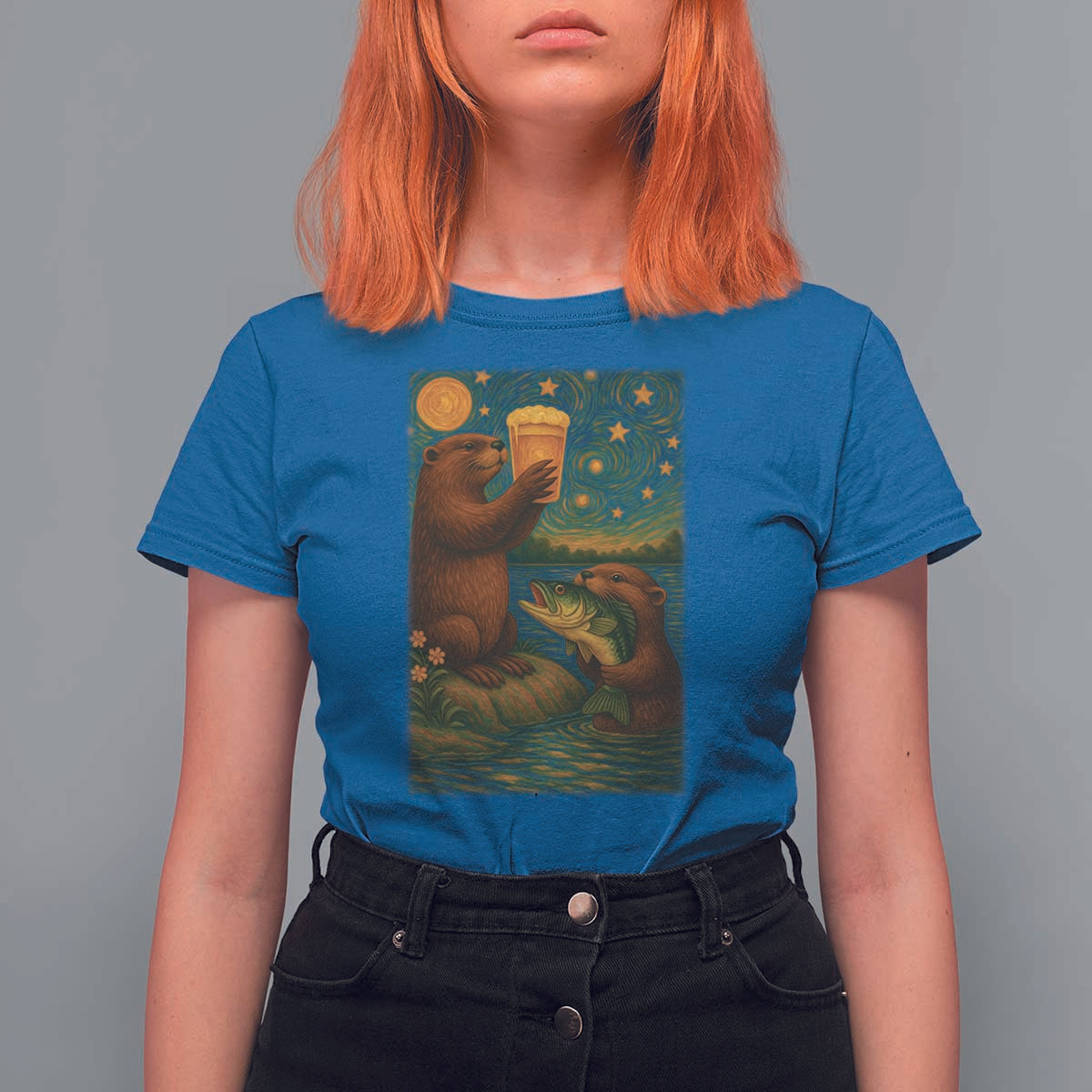 Funny Otter Drinking Beer T Shirt For Women Van Gogh Starry Night - Wonder Print Shop