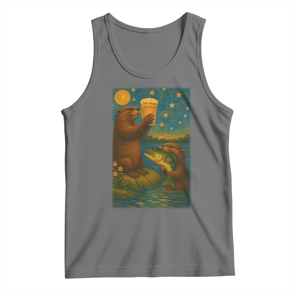Funny Otter Drinking Beer Tank Top Van Gogh Starry Night - Wonder Print Shop