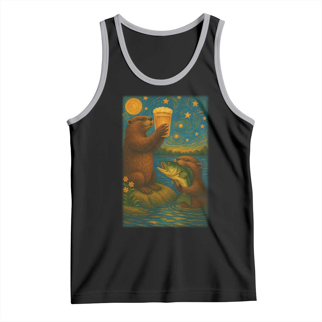 Funny Otter Drinking Beer Tank Top Van Gogh Starry Night - Wonder Print Shop