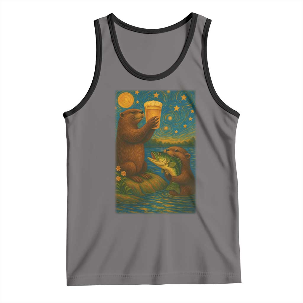 Funny Otter Drinking Beer Tank Top Van Gogh Starry Night - Wonder Print Shop