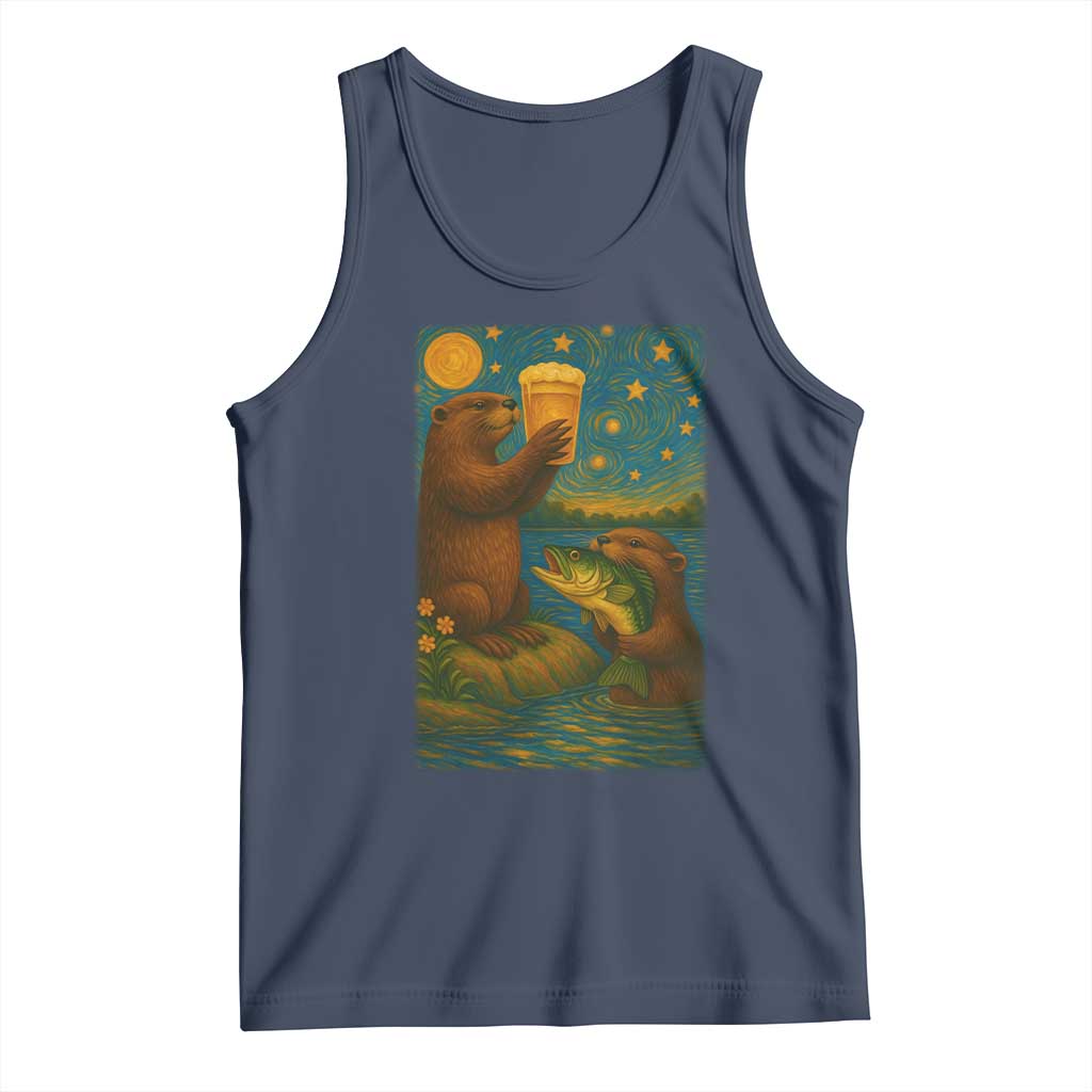 Funny Otter Drinking Beer Tank Top Van Gogh Starry Night - Wonder Print Shop