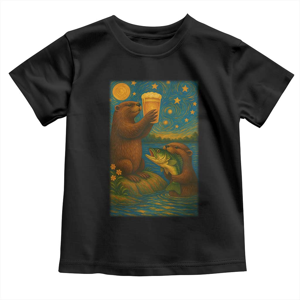 Funny Otter Drinking Beer Toddler T Shirt Van Gogh Starry Night - Wonder Print Shop