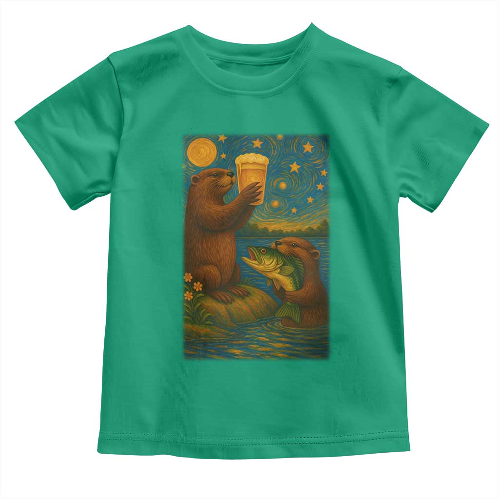 Funny Otter Drinking Beer Toddler T Shirt Van Gogh Starry Night - Wonder Print Shop