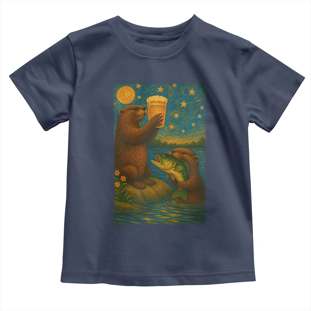 Funny Otter Drinking Beer Toddler T Shirt Van Gogh Starry Night - Wonder Print Shop
