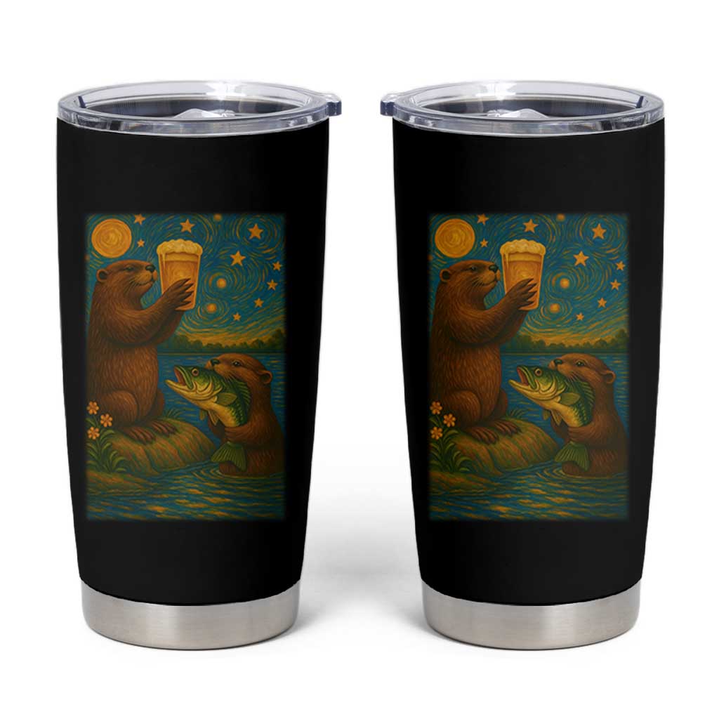 Funny Otter Drinking Beer Tumbler Cup Van Gogh Starry Night