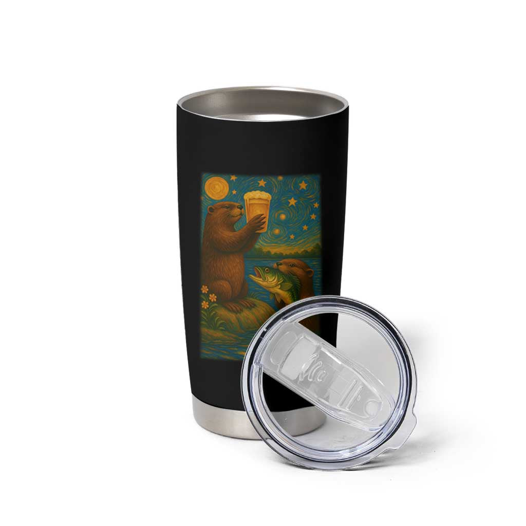Funny Otter Drinking Beer Tumbler Cup Van Gogh Starry Night