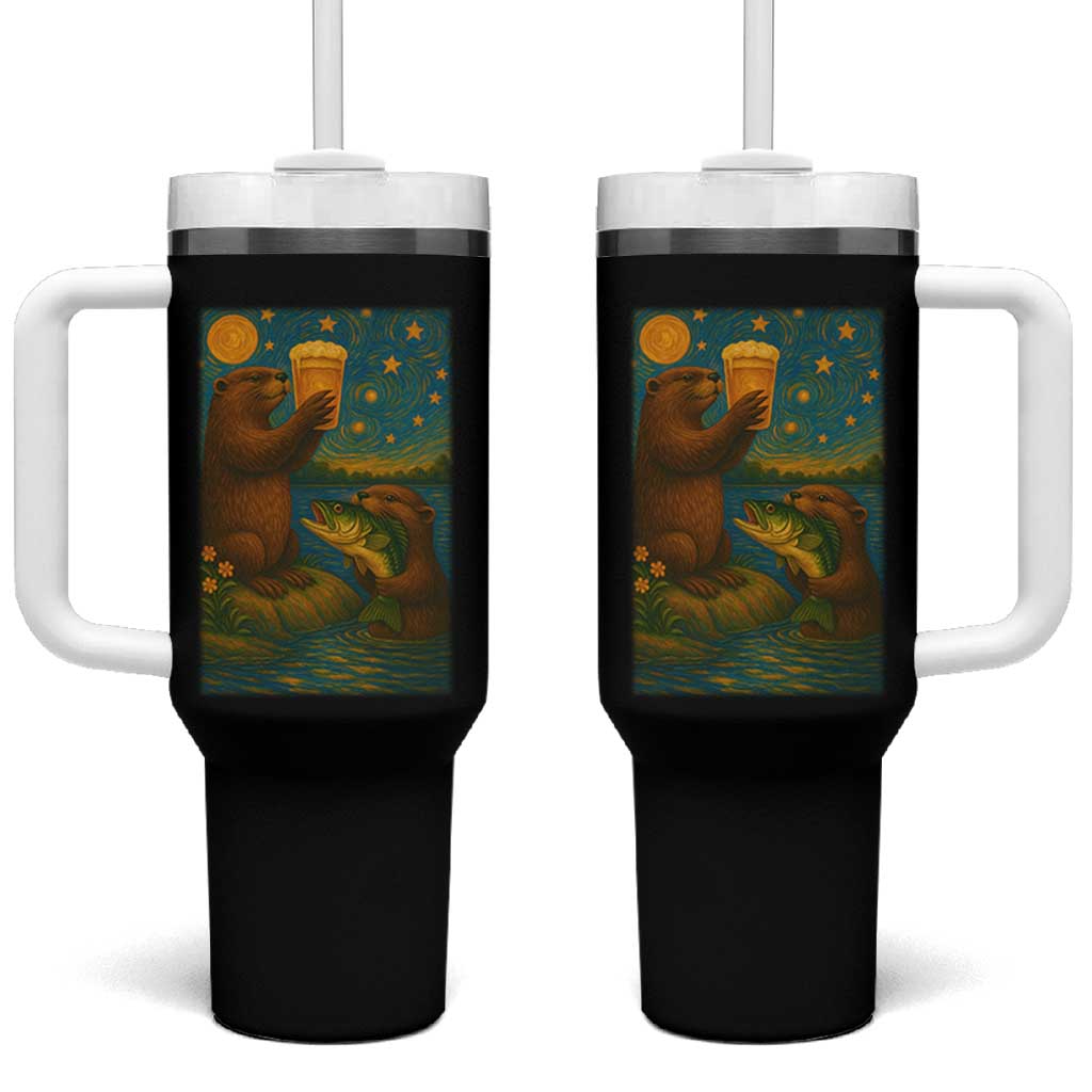Funny Otter Drinking Beer Tumbler With Handle Van Gogh Starry Night