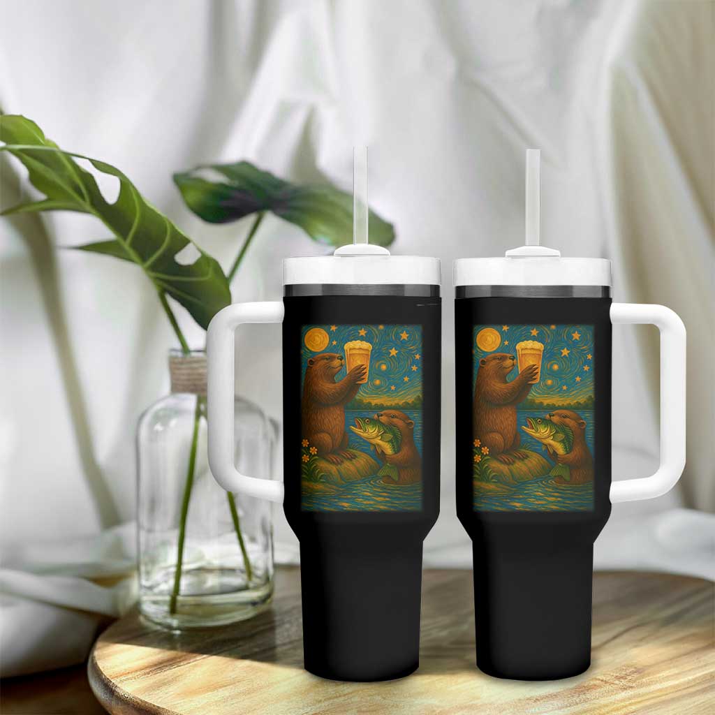 Funny Otter Drinking Beer Tumbler With Handle Van Gogh Starry Night