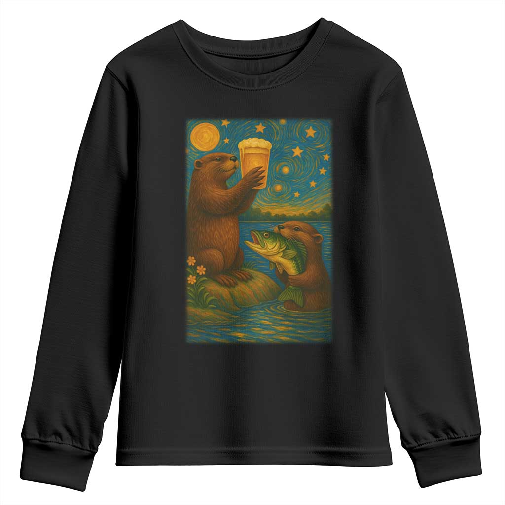 Funny Otter Drinking Beer Youth Sweatshirt Van Gogh Starry Night - Wonder Print Shop
