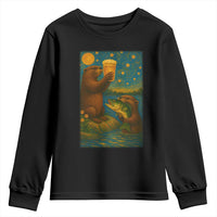 Funny Otter Drinking Beer Youth Sweatshirt Van Gogh Starry Night - Wonder Print Shop