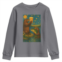 Funny Otter Drinking Beer Youth Sweatshirt Van Gogh Starry Night - Wonder Print Shop