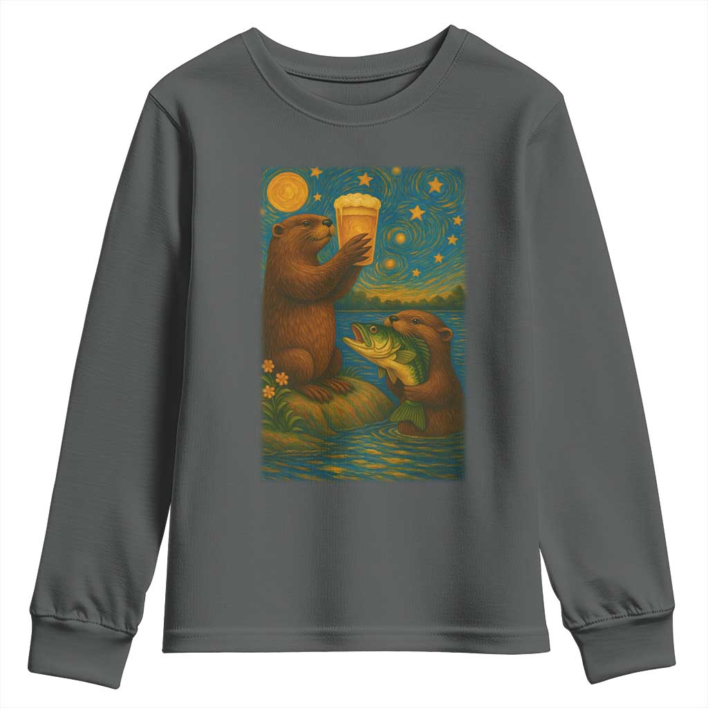 Funny Otter Drinking Beer Youth Sweatshirt Van Gogh Starry Night - Wonder Print Shop