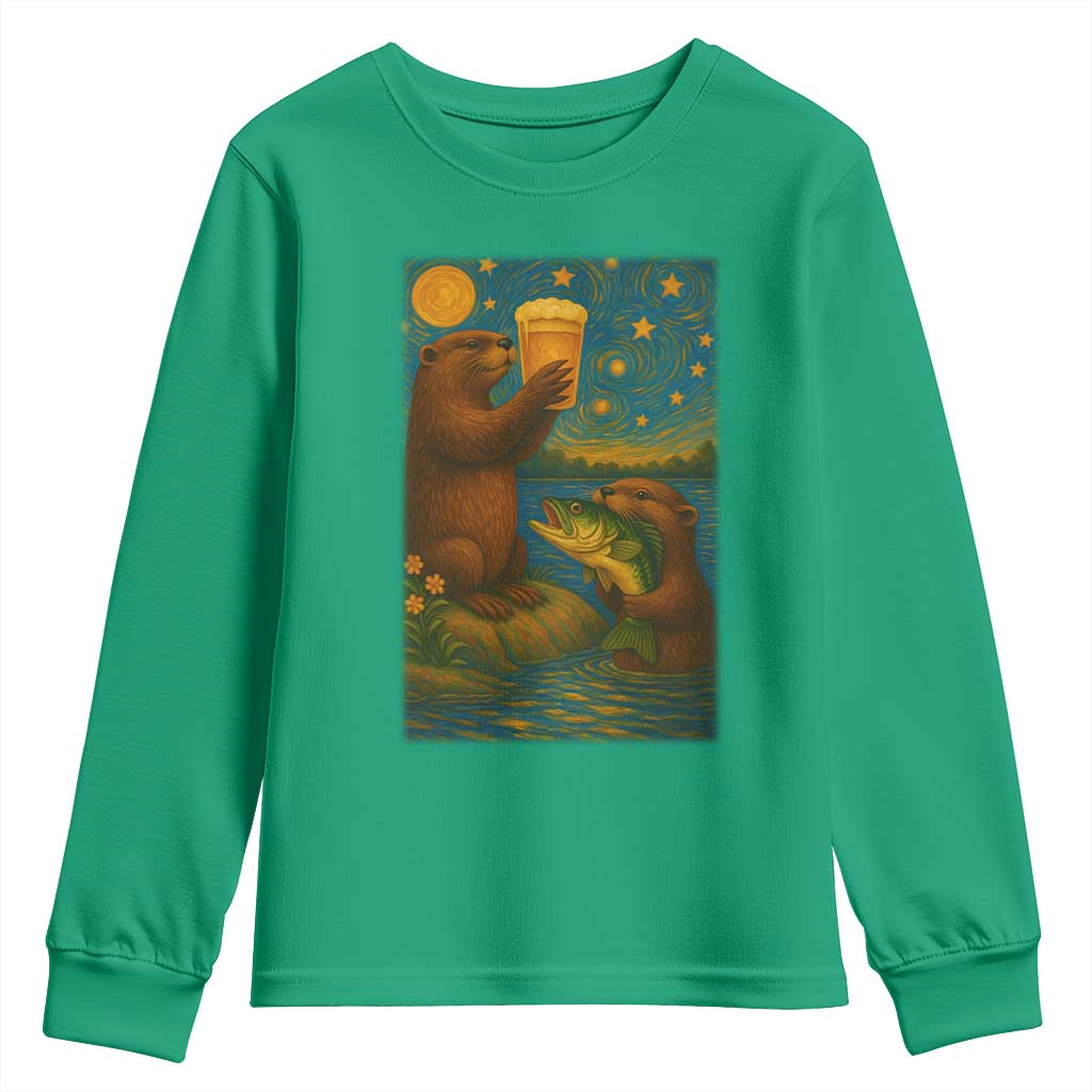 Funny Otter Drinking Beer Youth Sweatshirt Van Gogh Starry Night - Wonder Print Shop