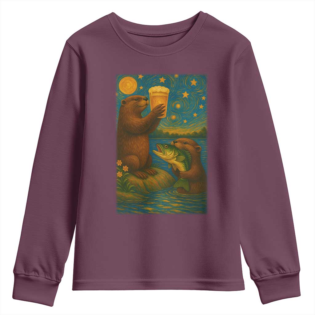 Funny Otter Drinking Beer Youth Sweatshirt Van Gogh Starry Night - Wonder Print Shop