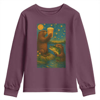 Funny Otter Drinking Beer Youth Sweatshirt Van Gogh Starry Night - Wonder Print Shop