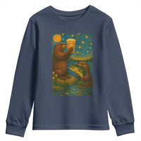Funny Otter Drinking Beer Youth Sweatshirt Van Gogh Starry Night - Wonder Print Shop