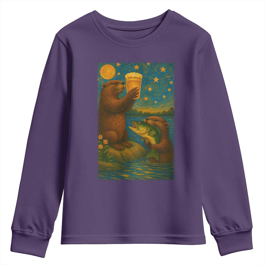 Funny Otter Drinking Beer Youth Sweatshirt Van Gogh Starry Night - Wonder Print Shop