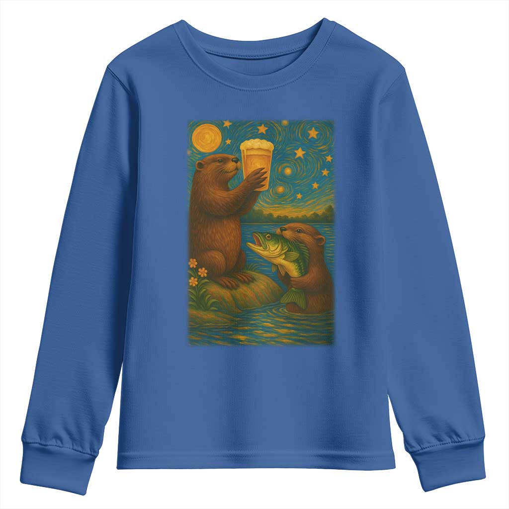 Funny Otter Drinking Beer Youth Sweatshirt Van Gogh Starry Night - Wonder Print Shop