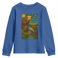 Funny Otter Drinking Beer Youth Sweatshirt Van Gogh Starry Night - Wonder Print Shop