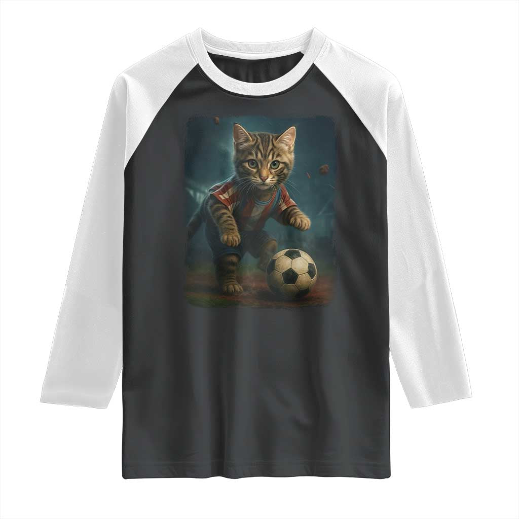Funny Cat Soccer Ball Raglan Shirt Cute Kitty Football Player Lover - Wonder Print Shop