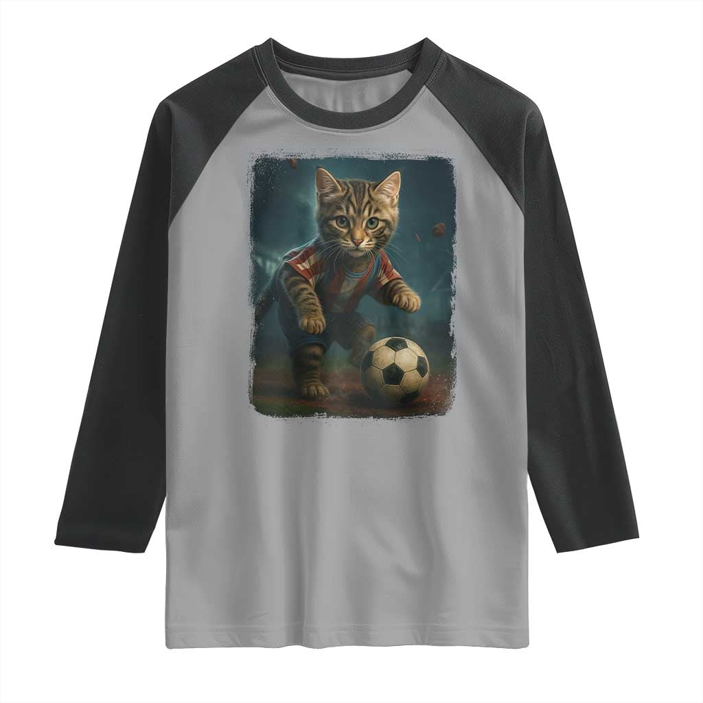 Funny Cat Soccer Ball Raglan Shirt Cute Kitty Football Player Lover - Wonder Print Shop