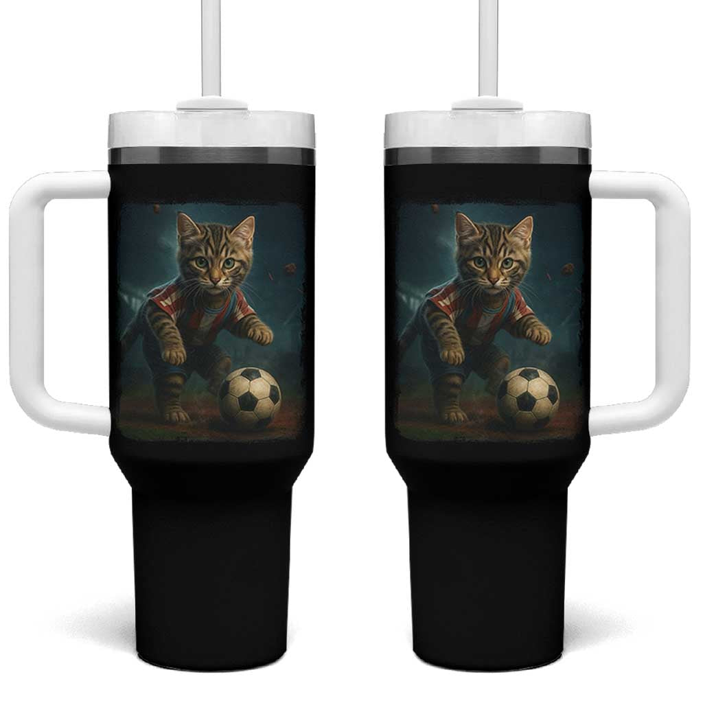Funny Cat Soccer Ball Tumbler With Handle Cute Kitty Football Player Lover