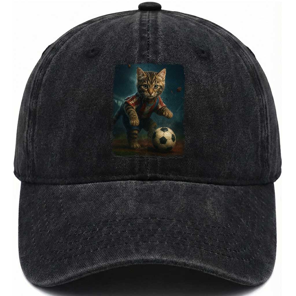 Funny Cat Soccer Ball Washed Cotton Baseball Cap Cute Kitty Football Player Lover