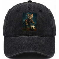 Funny Cat Soccer Ball Washed Cotton Baseball Cap Cute Kitty Football Player Lover