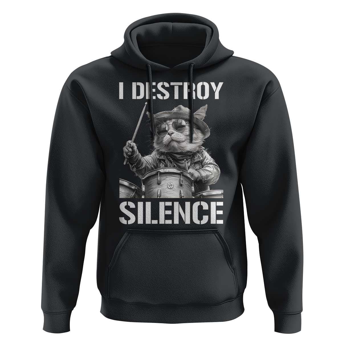 Funny Cat Rock Band Drummer Hoodie I Destroy Silence - Wonder Print Shop