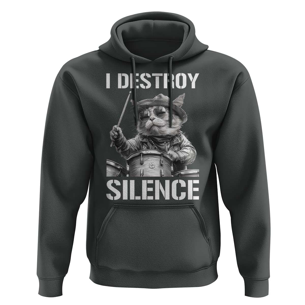 Funny Cat Rock Band Drummer Hoodie I Destroy Silence - Wonder Print Shop