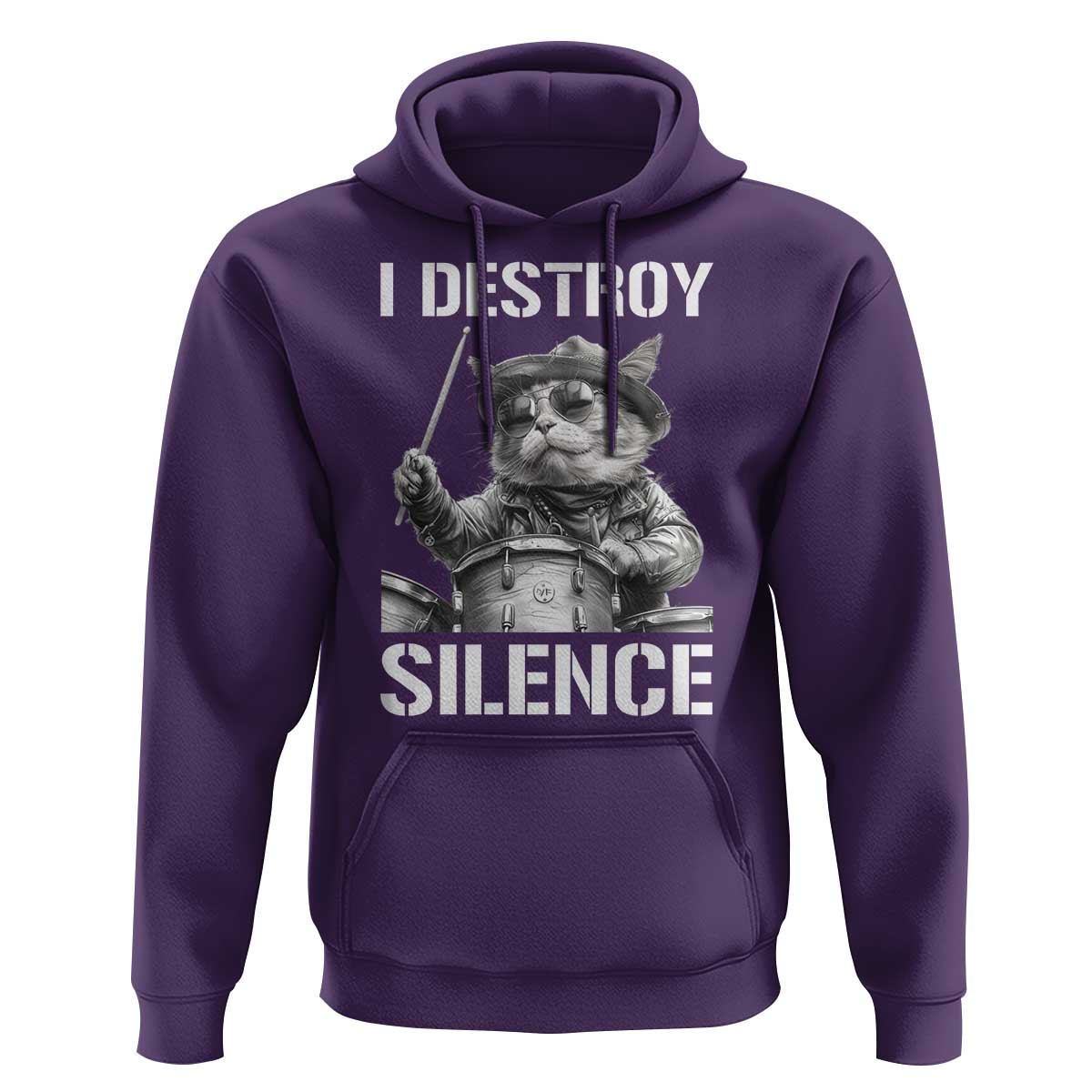 Funny Cat Rock Band Drummer Hoodie I Destroy Silence - Wonder Print Shop