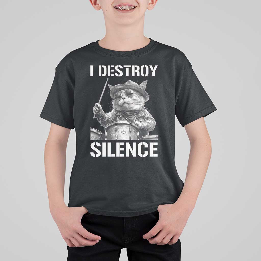Funny Cat Rock Band Drummer T Shirt For Kid I Destroy Silence - Wonder Print Shop