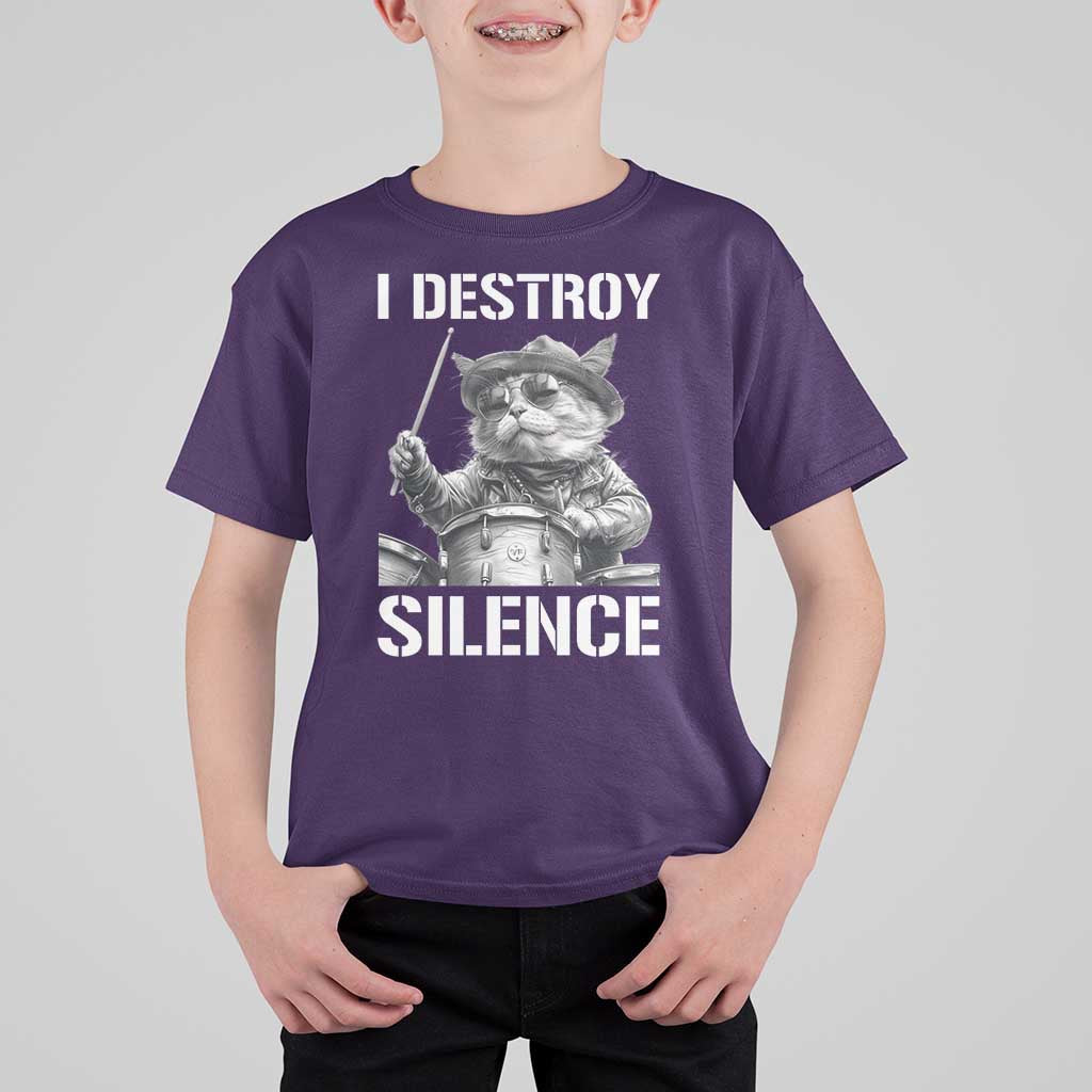 Funny Cat Rock Band Drummer T Shirt For Kid I Destroy Silence - Wonder Print Shop