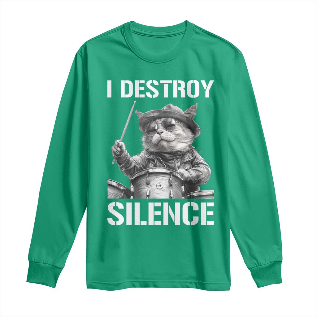 Funny Cat Rock Band Drummer Long Sleeve Shirt I Destroy Silence - Wonder Print Shop