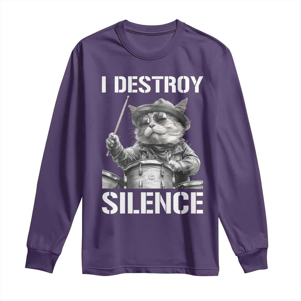 Funny Cat Rock Band Drummer Long Sleeve Shirt I Destroy Silence - Wonder Print Shop