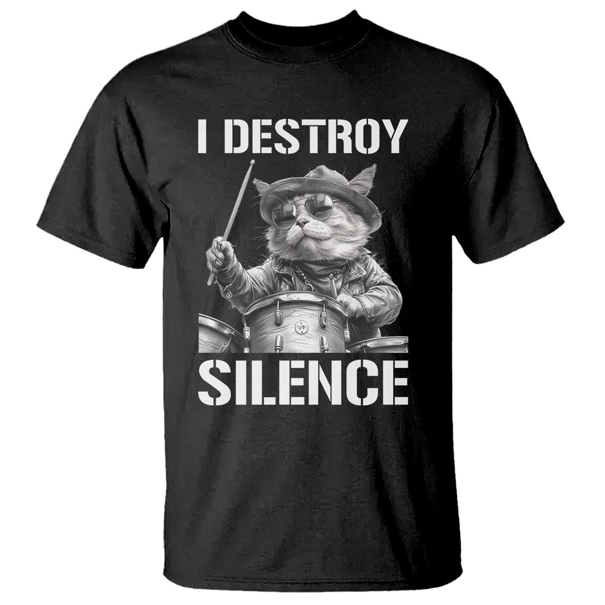 Funny Cat Rock Band Drummer T Shirt I Destroy Silence - Wonder Print Shop