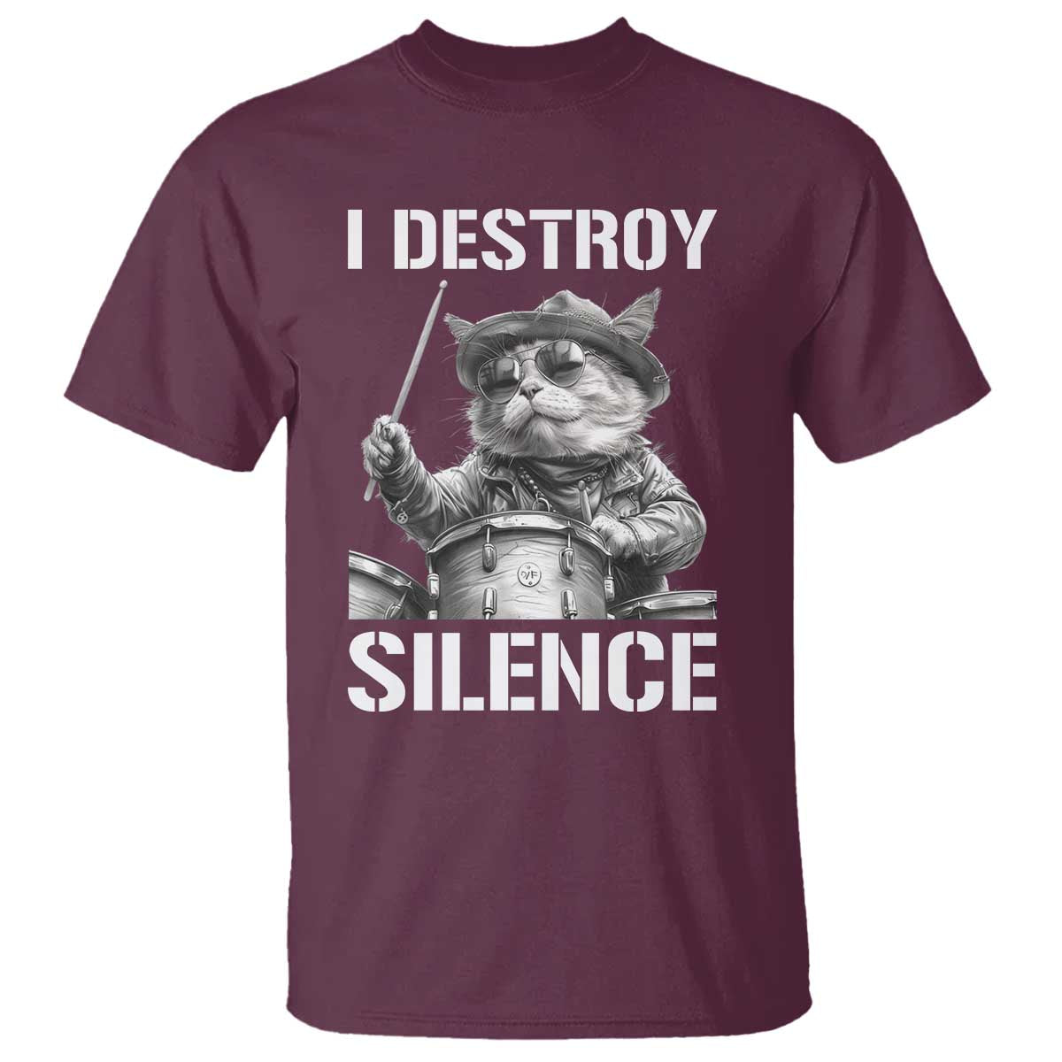 Funny Cat Rock Band Drummer T Shirt I Destroy Silence - Wonder Print Shop
