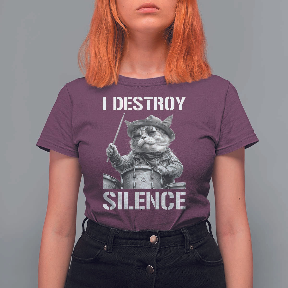 Funny Cat Rock Band Drummer T Shirt For Women I Destroy Silence - Wonder Print Shop