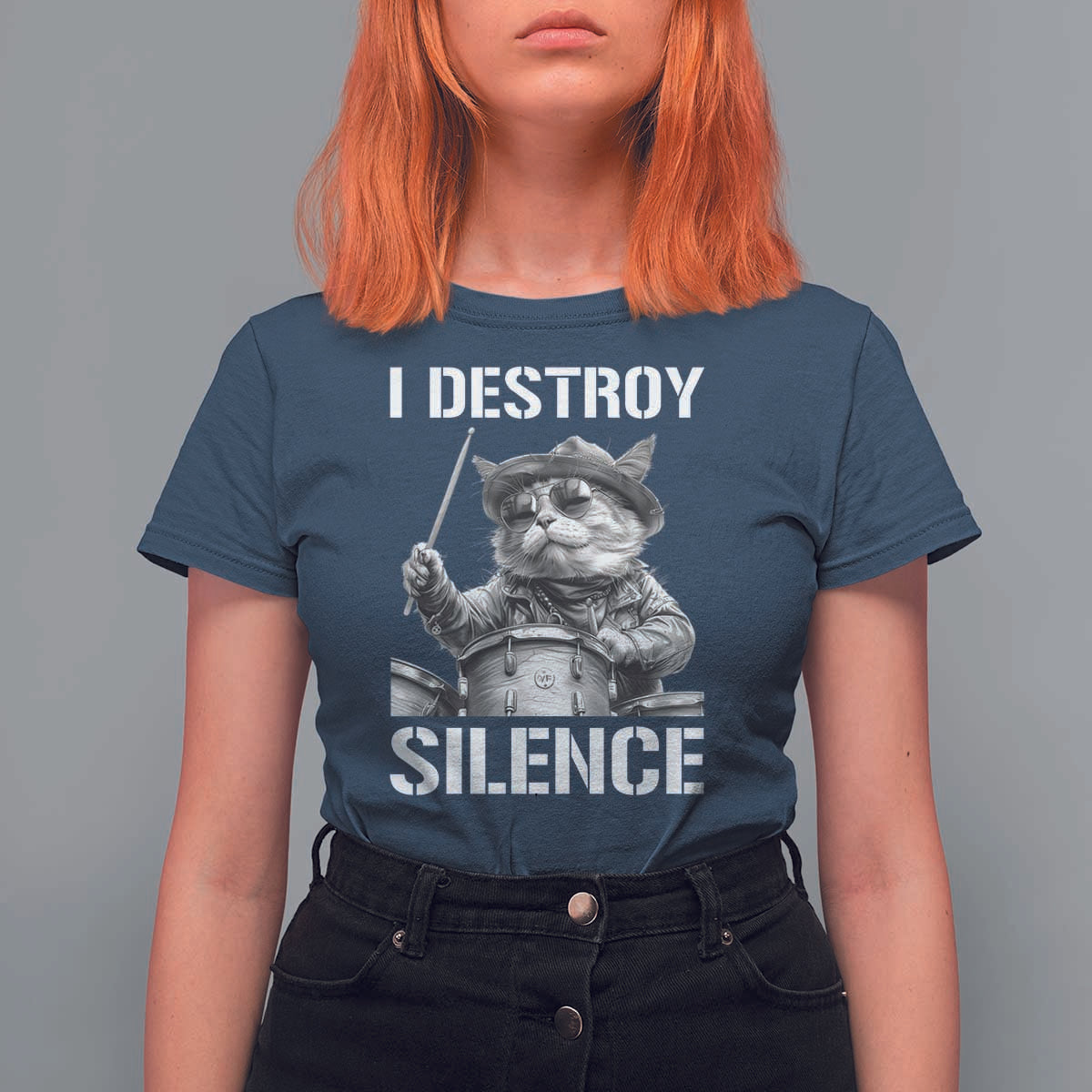 Funny Cat Rock Band Drummer T Shirt For Women I Destroy Silence - Wonder Print Shop