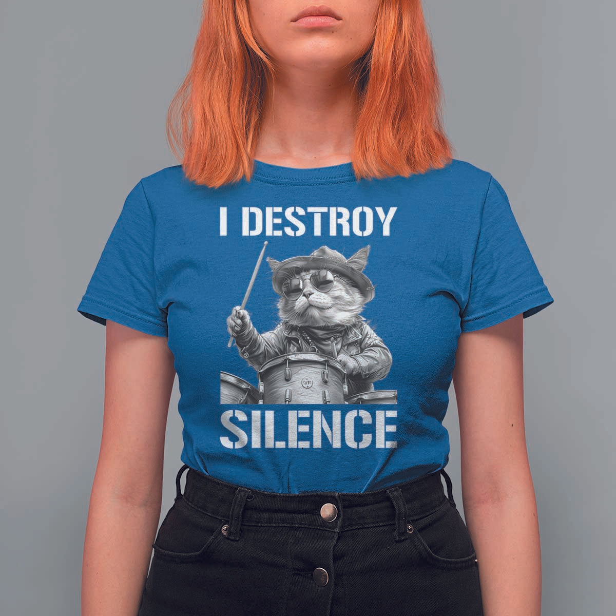 Funny Cat Rock Band Drummer T Shirt For Women I Destroy Silence - Wonder Print Shop