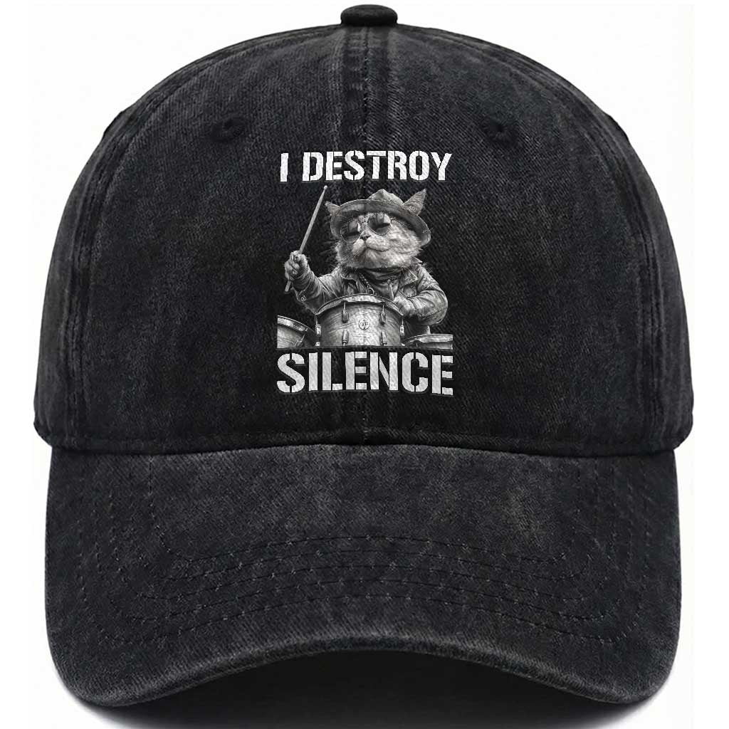 Funny Cat Rock Band Drummer Washed Cotton Baseball Cap I Destroy Silence