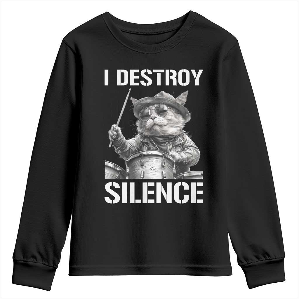 Funny Cat Rock Band Drummer Youth Sweatshirt I Destroy Silence - Wonder Print Shop