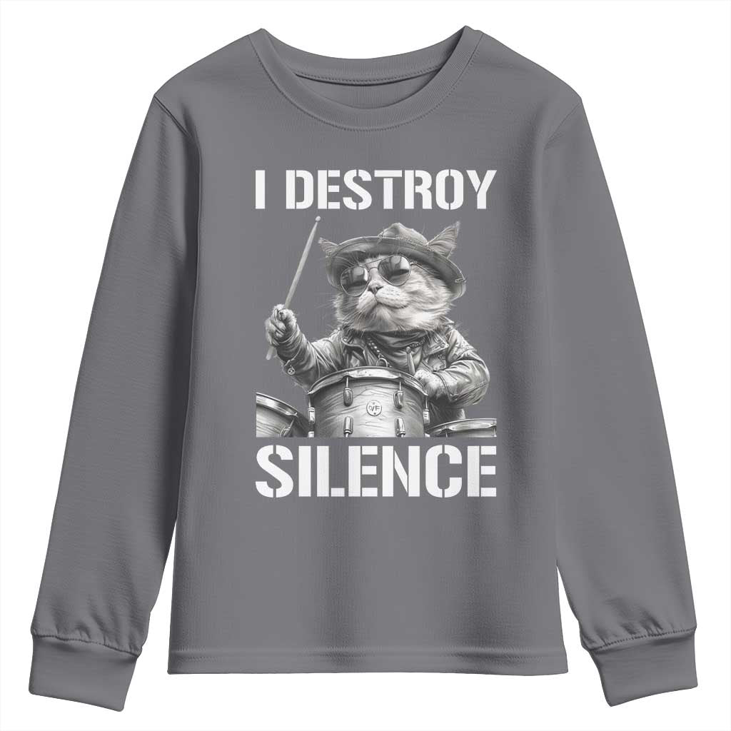 Funny Cat Rock Band Drummer Youth Sweatshirt I Destroy Silence - Wonder Print Shop