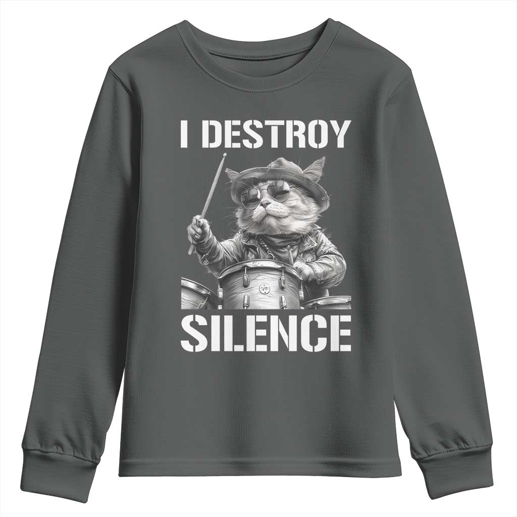 Funny Cat Rock Band Drummer Youth Sweatshirt I Destroy Silence - Wonder Print Shop