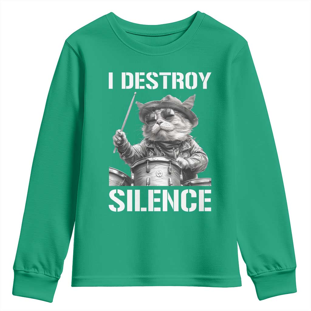 Funny Cat Rock Band Drummer Youth Sweatshirt I Destroy Silence - Wonder Print Shop